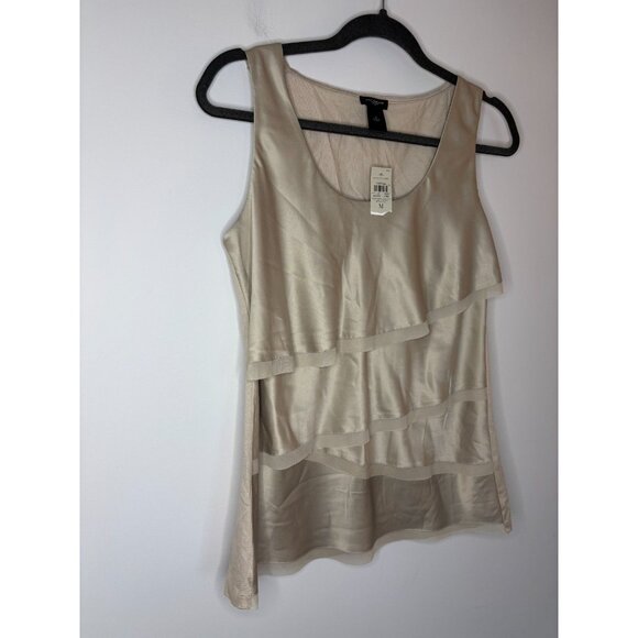 ANNE TAYLOR NEW Tiered Tank Womens M Tan Satin Ruffle Foundation Flowy Holiday - Picture 3 of 5